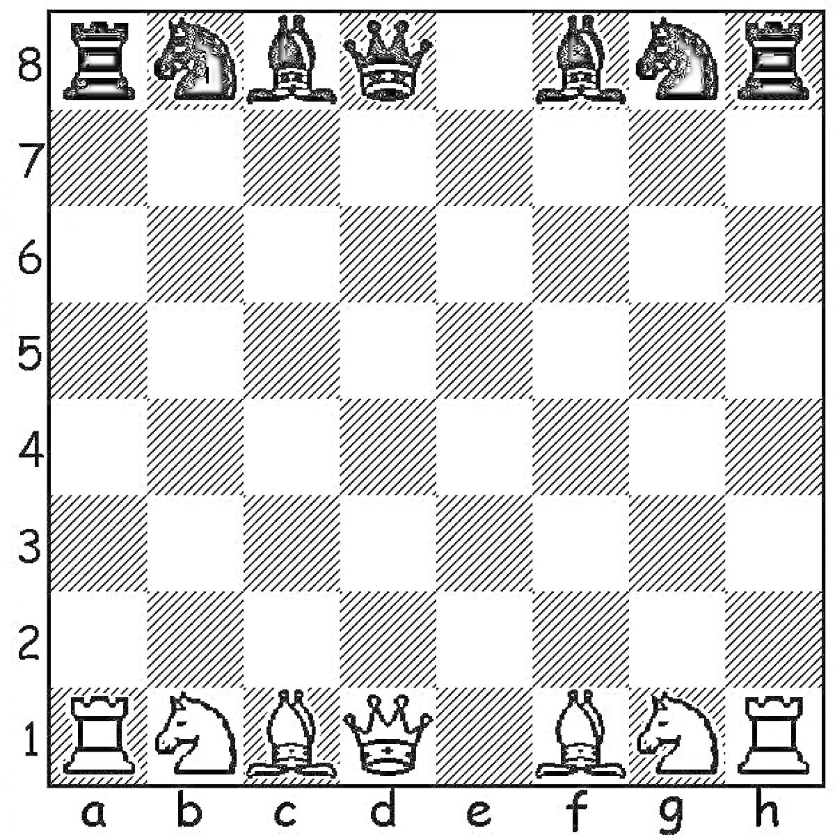 Раскраска Шахматная доска с белыми и чёрными фигурами (ладья, конь, слон, ферзь, король, слон, конь, ладья) по краям