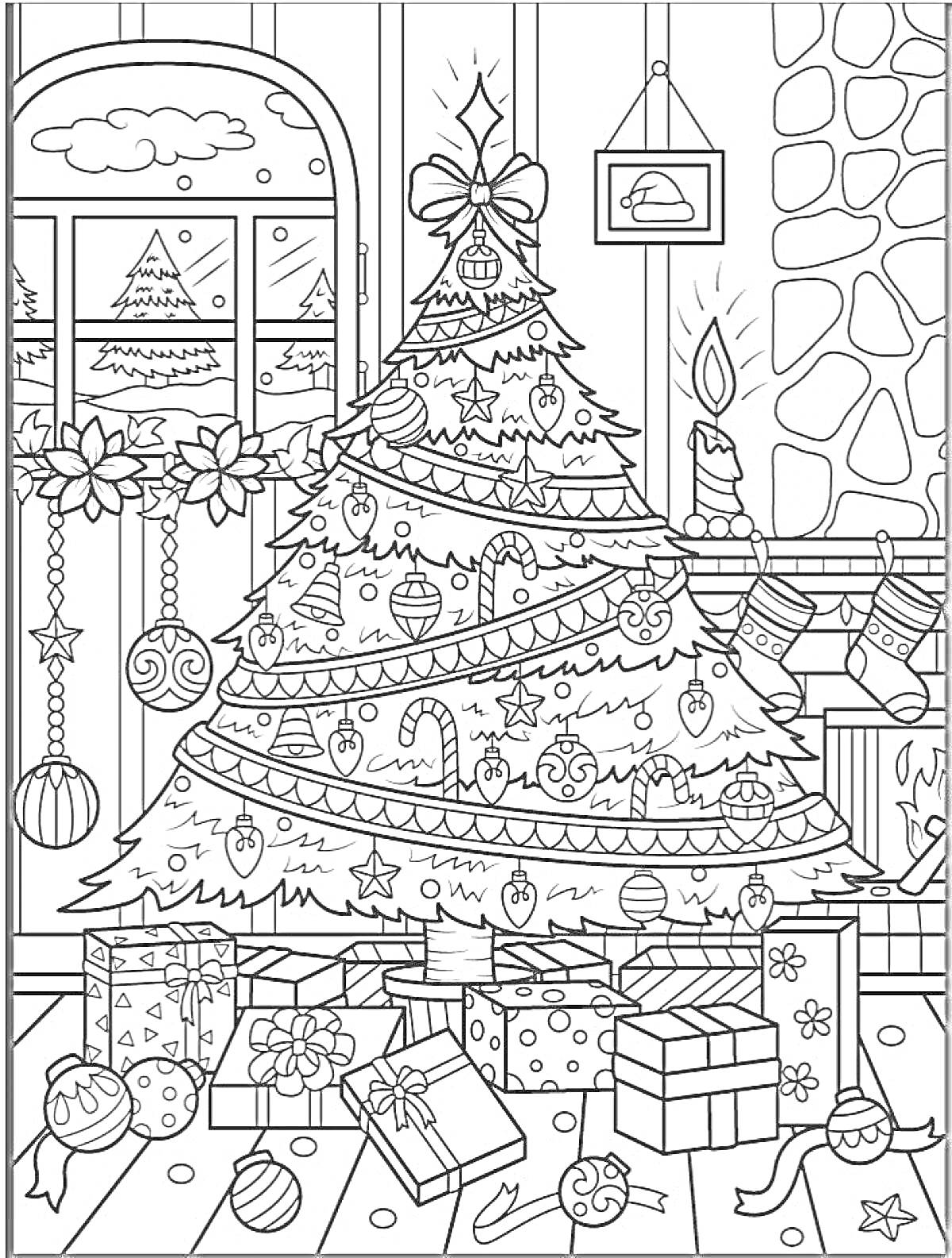 Новогодняя ночь. Наряженная ёлка с игрушками, гирляндами и звездой на верху, окружённая подарками и украшениями. Праздничный камин с горящей свечой, окно с видом на снежную ёлку, подвешенные новогодние украшения и новогодняя гирлянда.