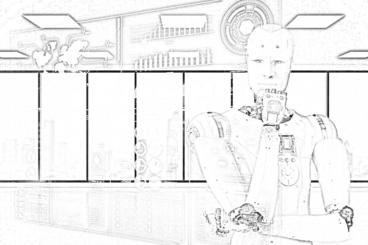 Раскраска Робот размышляет на фоне окон со светящимися графиками