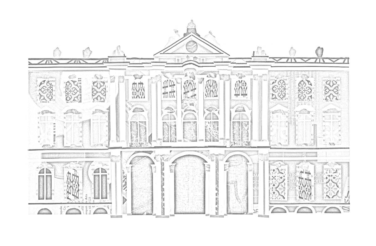 На раскраске изображено: Зимний дворец, Архитектура, Колонны, Здание, Фасад, Дворец, Окна