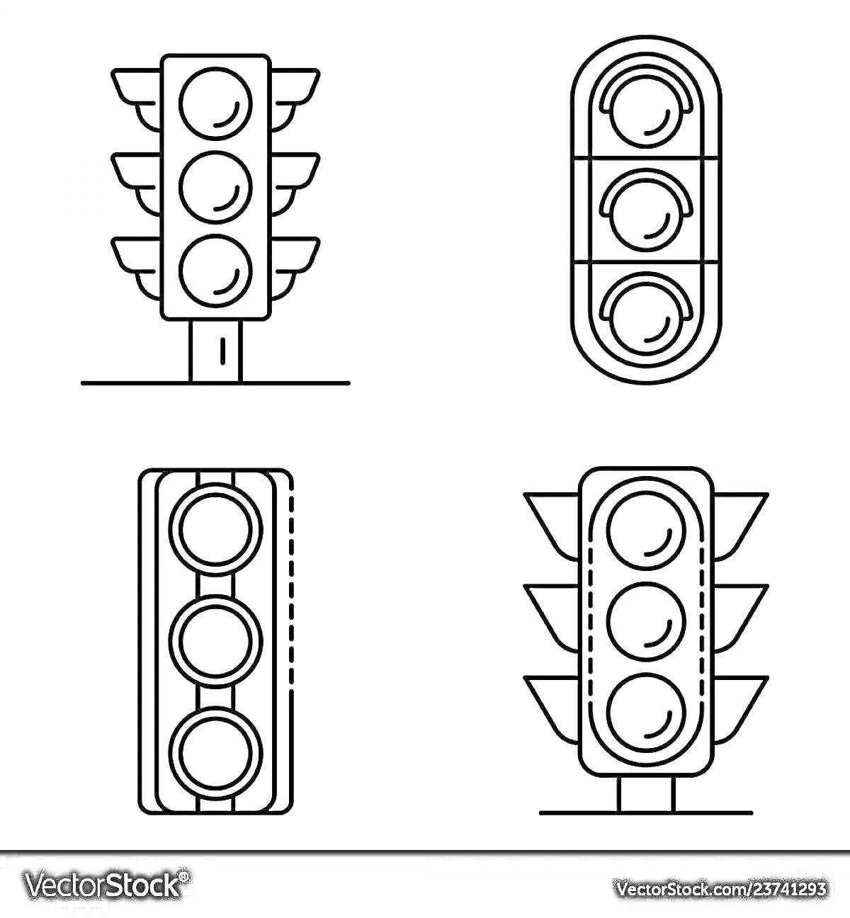 Раскраска Четыре вида светофоров: два круглых вертикальных светофора с тремя секциями, один овальный вертикальный светофор с тремя секциями, и один прямоугольный вертикальный светофор с тремя секциями.