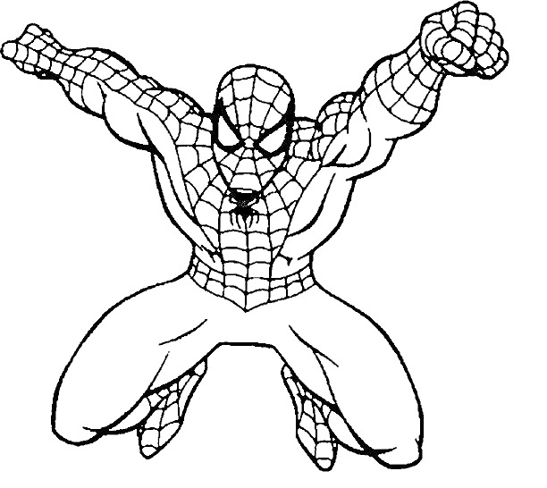 Раскраска Человек Паук в прыжке с вытянутыми руками, маска с сетчатым узором, логотип паука на груди