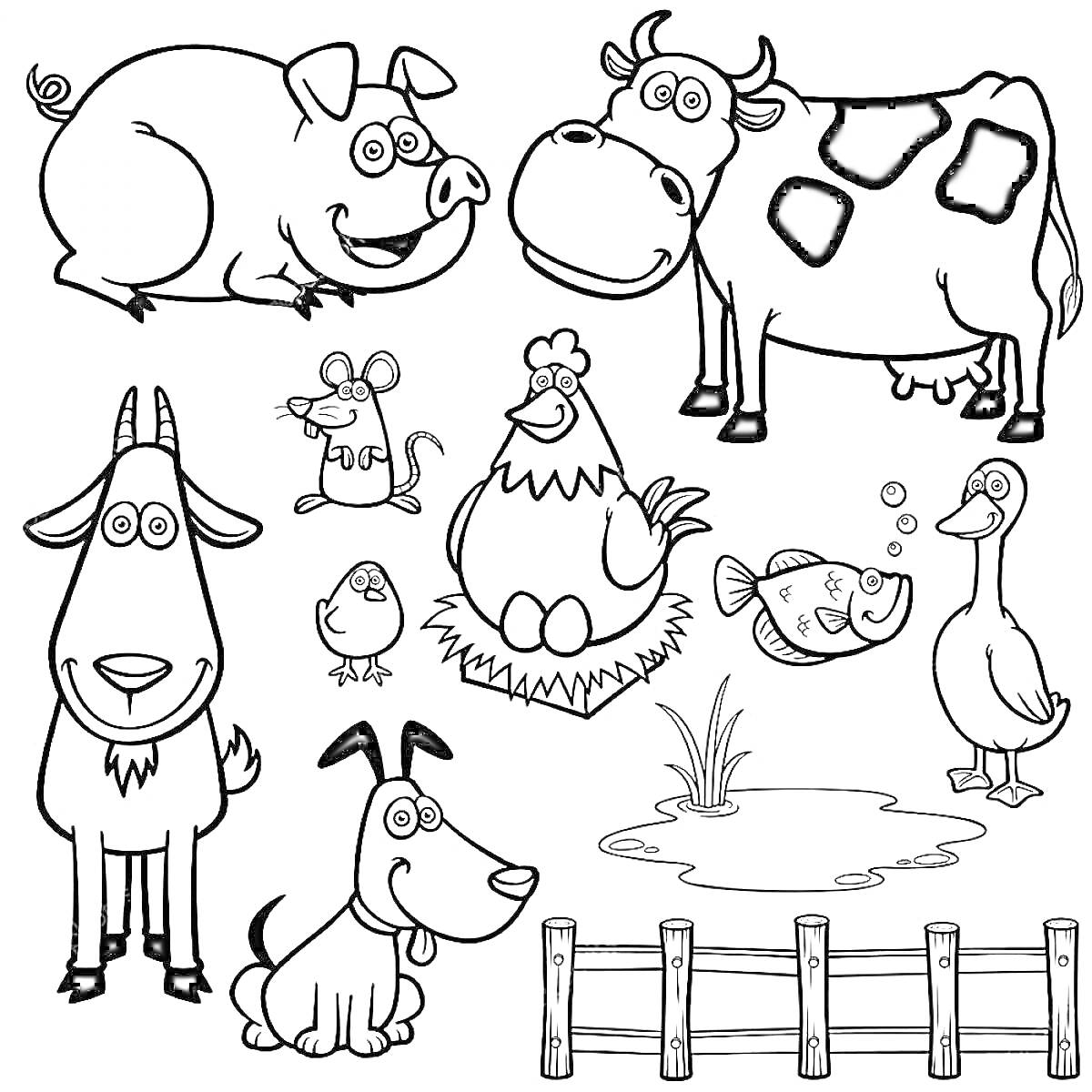 На раскраске изображено: Ферма, Корова, Петух, Собака, Рыба, Утка, Лужа, Забор, Животные, Козел, Мышь, Свиньи, Цыплята