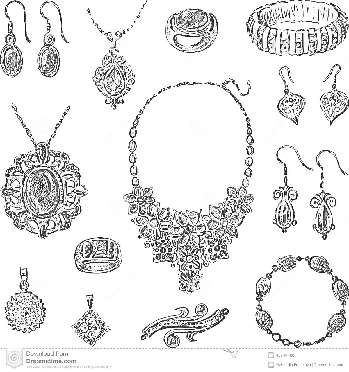 Раскраска Украшения: серьги, ожерелья, кольца, брошь, браслет и подвески