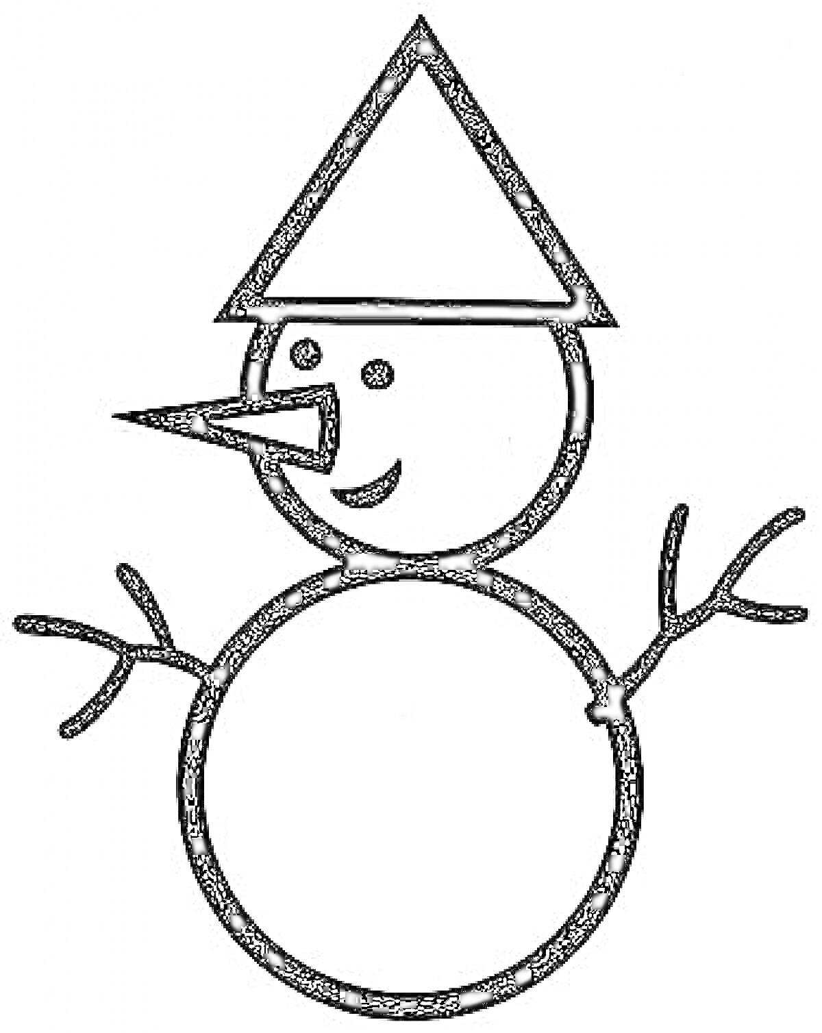Снеговик с носом-морковкой, руками-палками и треугольной шапкой