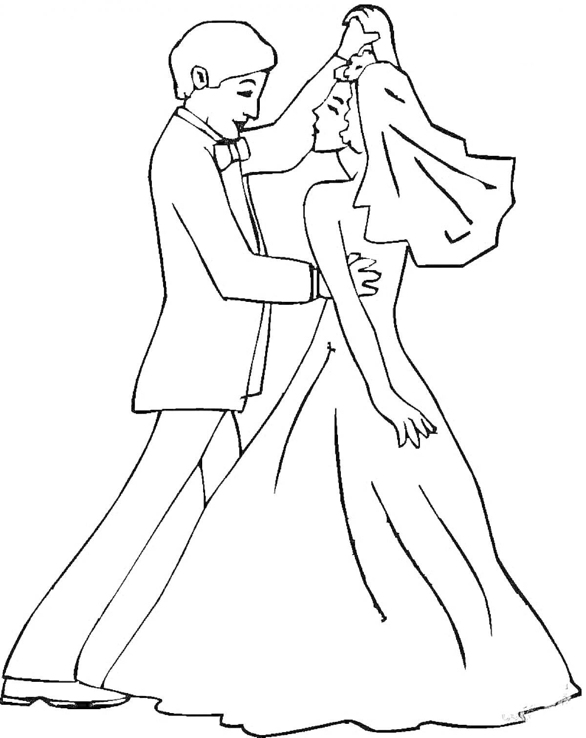 Раскраска Жених и невеста танцуют на свадьбе