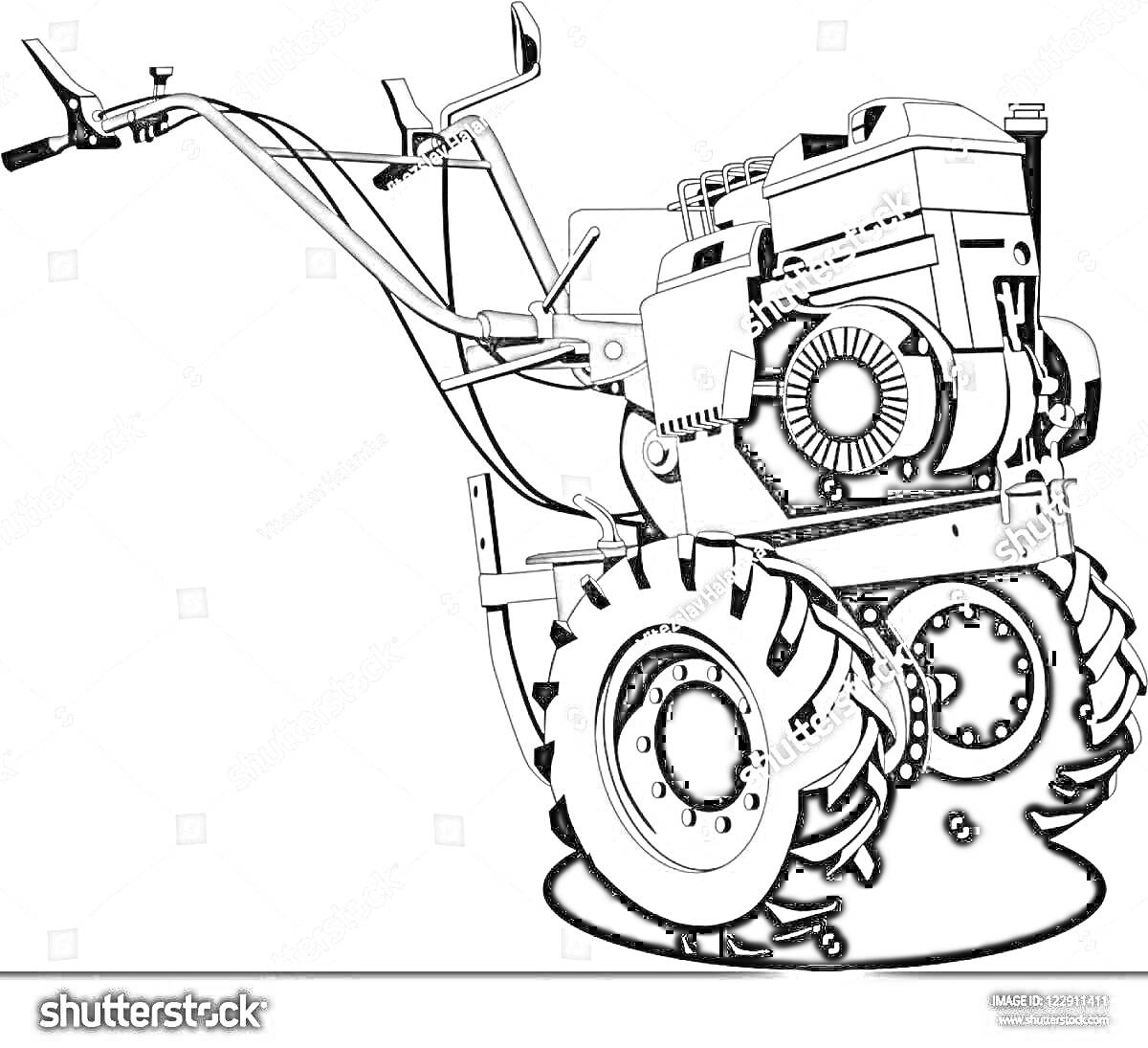 Раскраска Мотоблок с ручками, колесами и двигателем