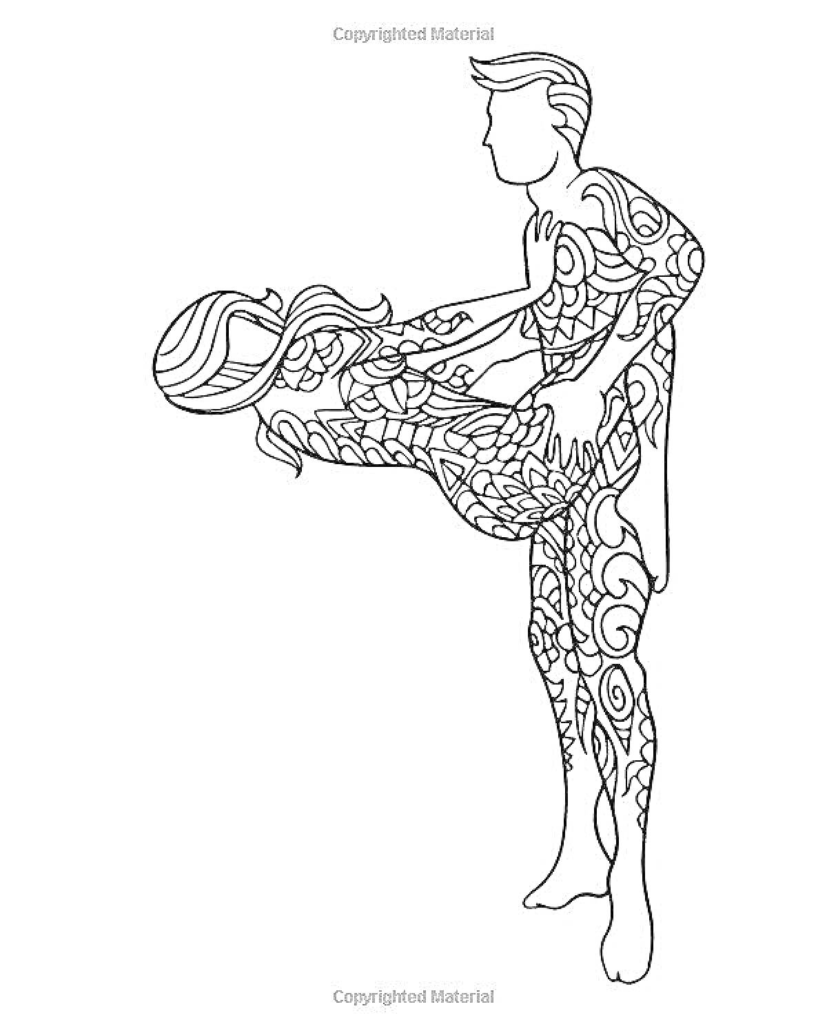 Раскраска Раскраска с парой в абстрактном стиле, мужчина и женщина в эротической позе, узоры на телах