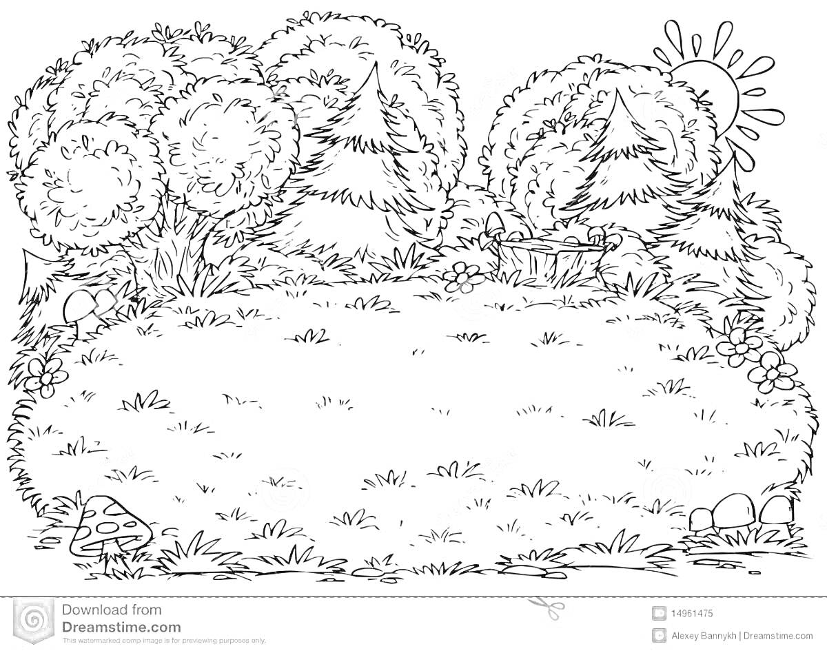 Раскраска Полянка с деревьями, кустами, цветами, грибом, пнем и солнцем