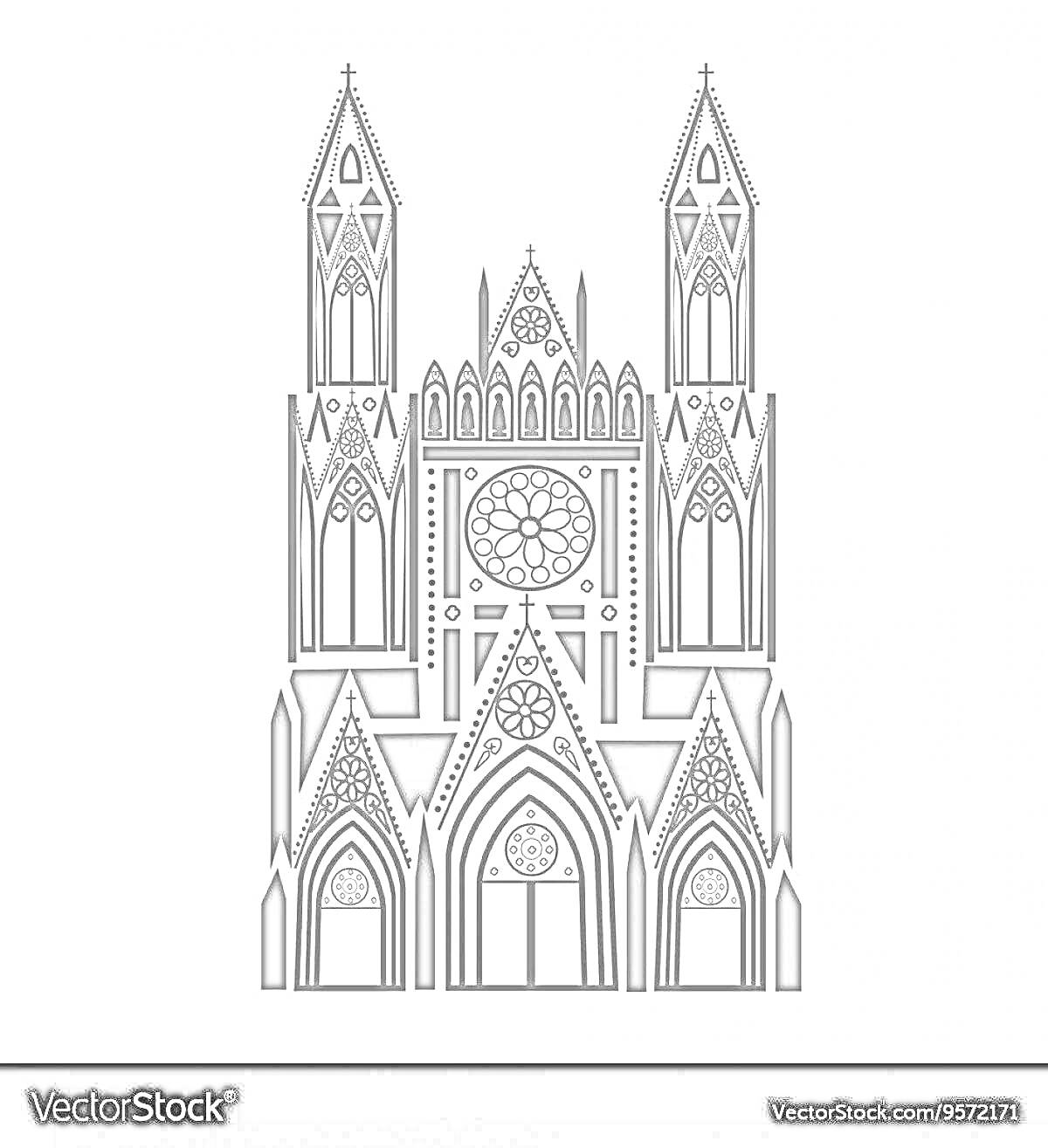 Раскраска Готический замок с тремя башнями, витражами и арочными окнами