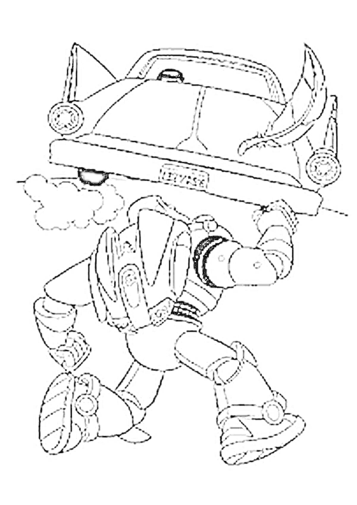 Раскраска Робот поднимает машину с дымом из выхлопной трубы