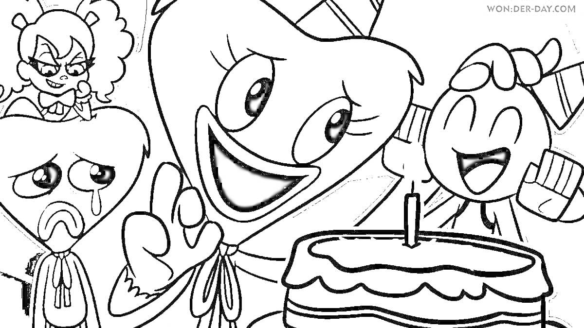 Раскраска Персонажи из игры Poppy Playtime празднуют день рождения с тортом и свечой