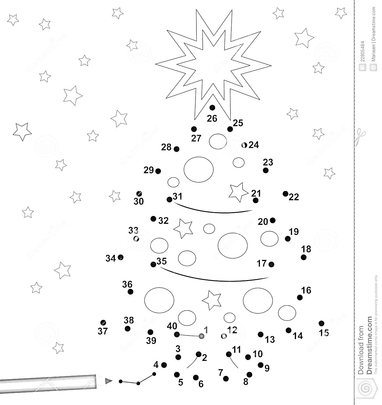 Раскраска Новогодняя ёлка с большими звездами, маленькими звездами и кругами