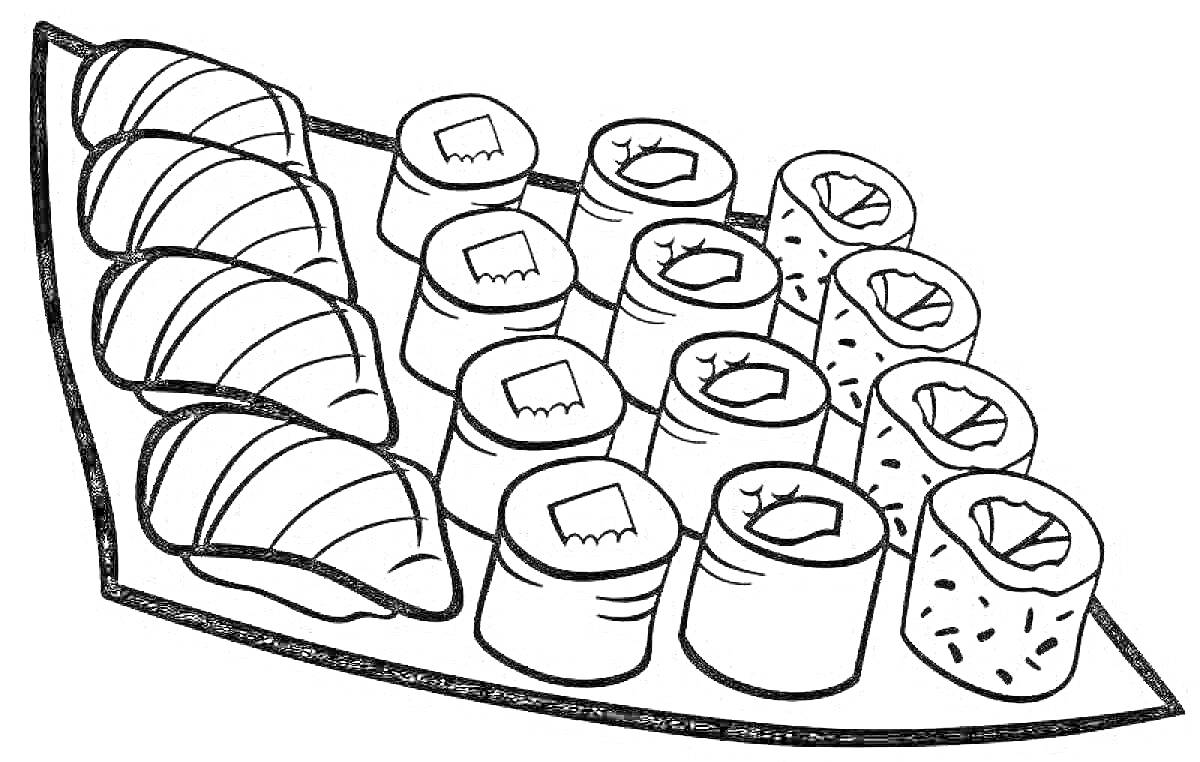 На раскраске изображено: Суши, Роллы, Тарелка, Еда, Японская кухня