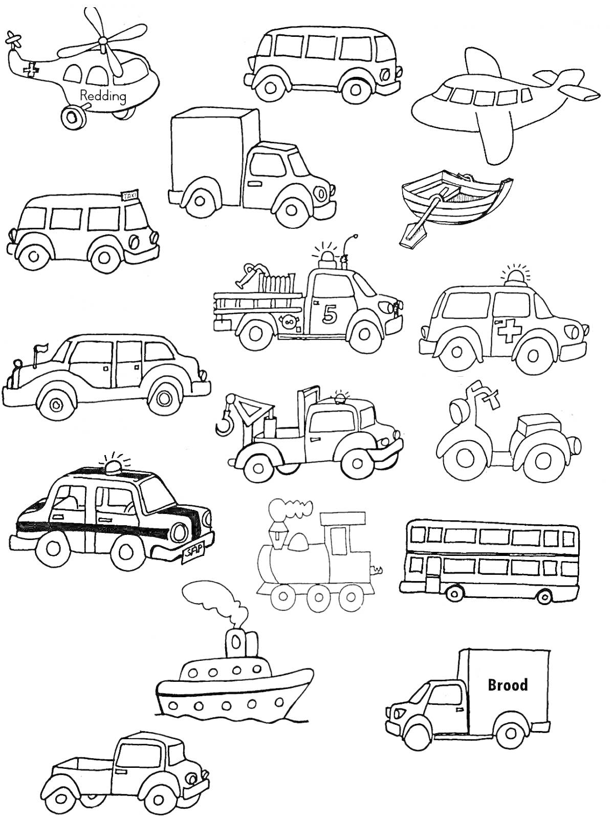 На раскраске изображено: Вертолет, Лодка, Мотоцикл, Поезд, Автобус, Корабль