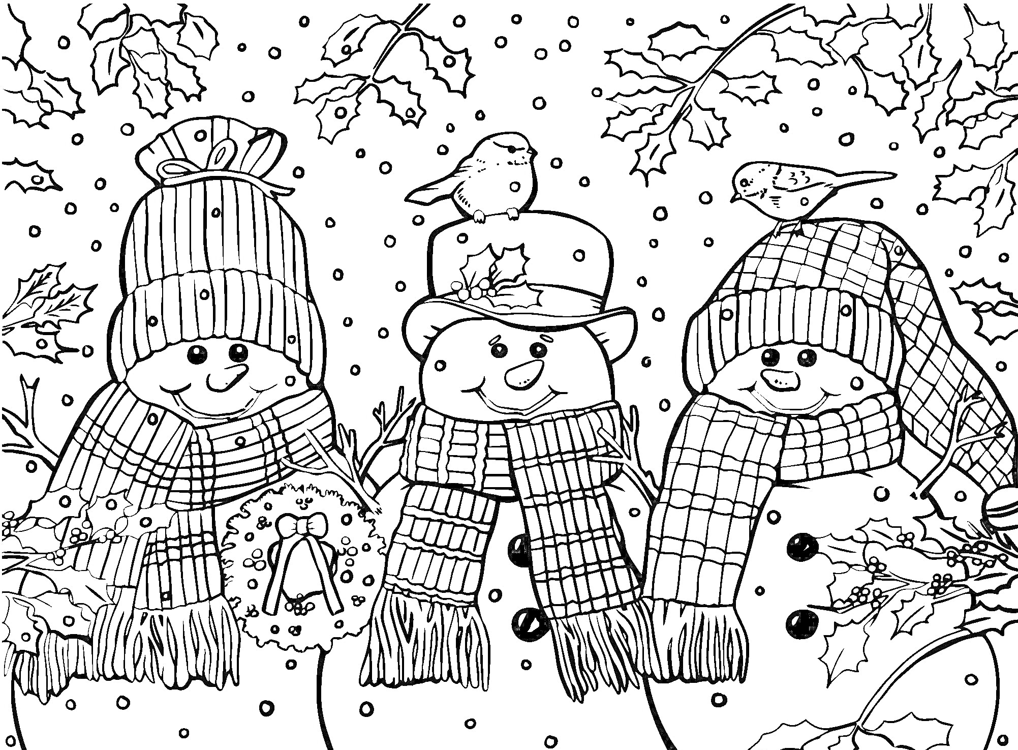 Раскраска Три снеговика в шапках и шарфах, с птицами, листочками и снежинками на фоне