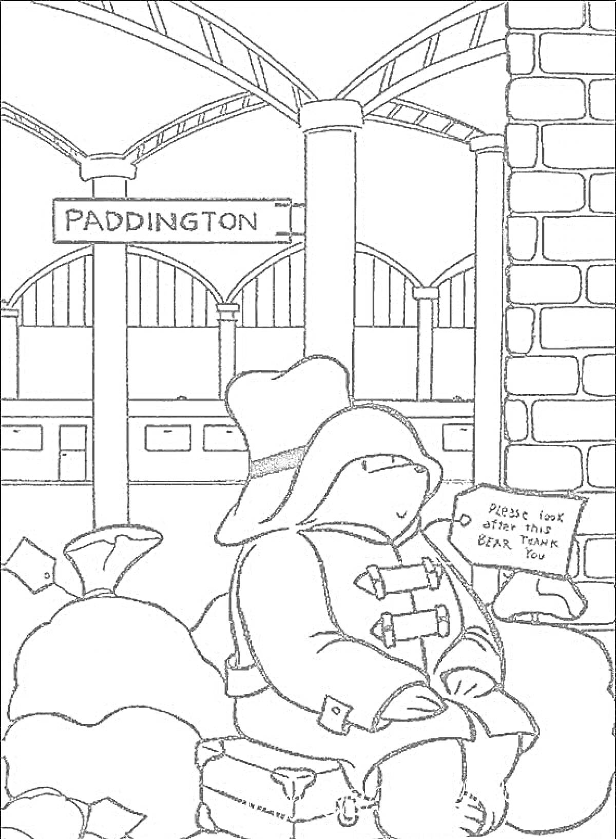 Раскраска Медвежонок в шляпе и пальто на вокзале Паддингтон с чемоданчиком и табличкой на стене