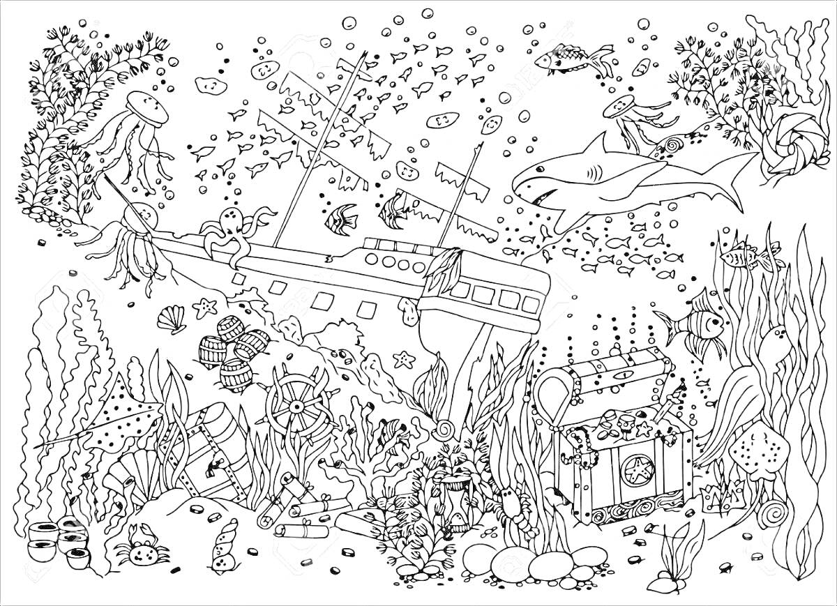 Раскраска Затонувший корабль с морскими существами, сундуком с сокровищами, растениями, пузырями и кораллами