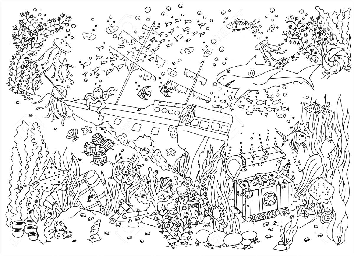 На раскраске изображено: Затонувший корабль, Сундук с сокровищами, Морские растения, Кораллы, Подводный мир, Морские звезды, Водоросли, Осьминоги, Воздушные пузыри, Медуза, Рыба, Краб, Акулы