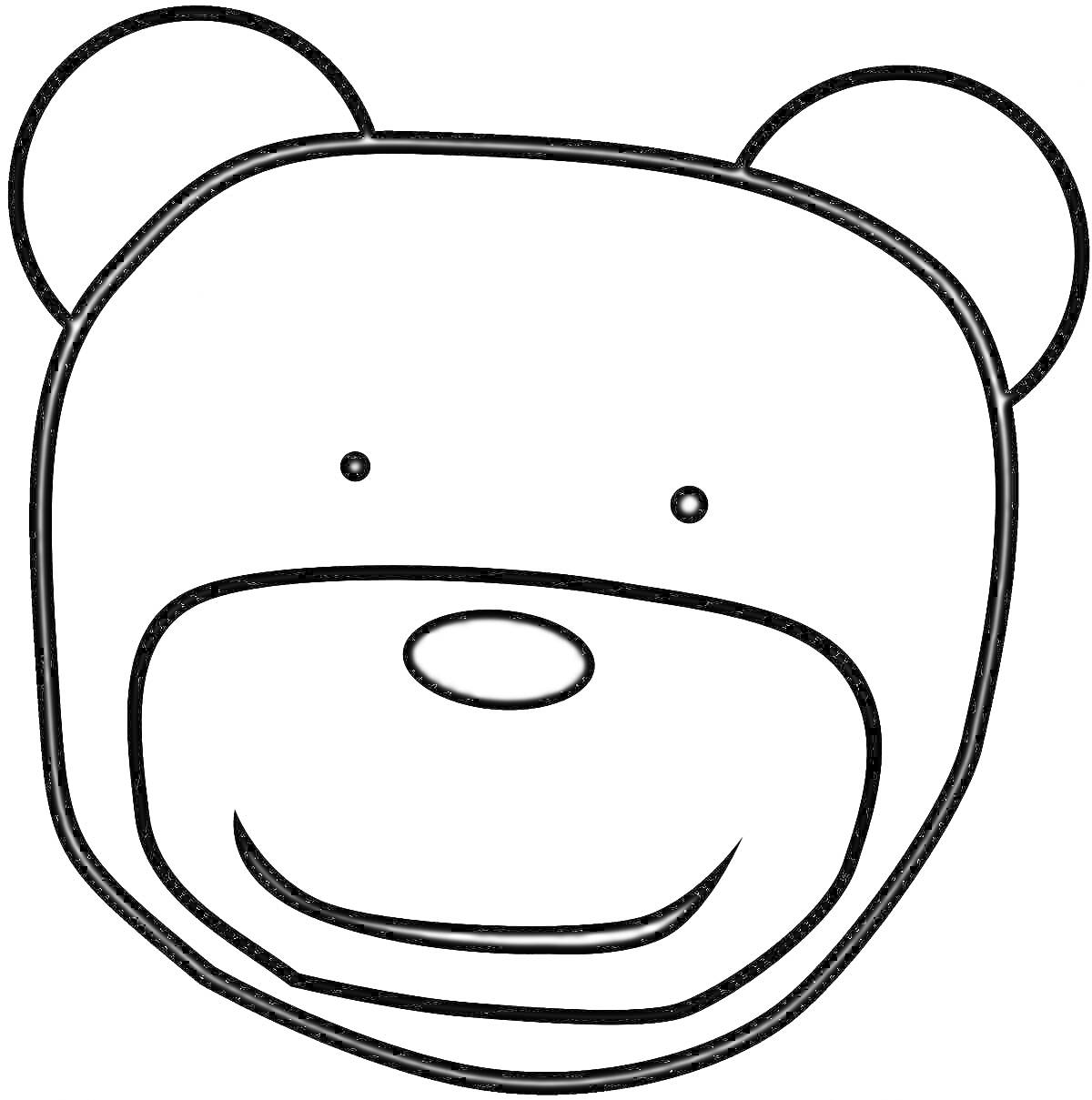 На раскраске изображено: Медведь, Голова, Уши, Нос, Глаза, Улыбка