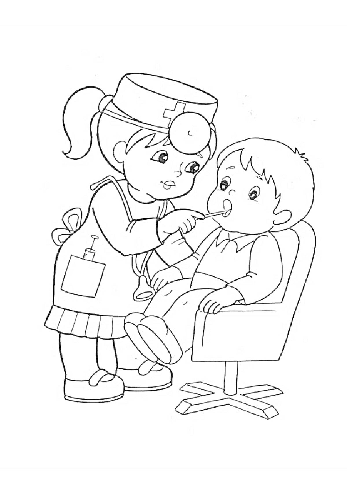 Раскраска Доктор осматривает ребенка со стетоскопом, ребенок сидит в кресле, доктор в халате с карманом и медсестринской шапочкой