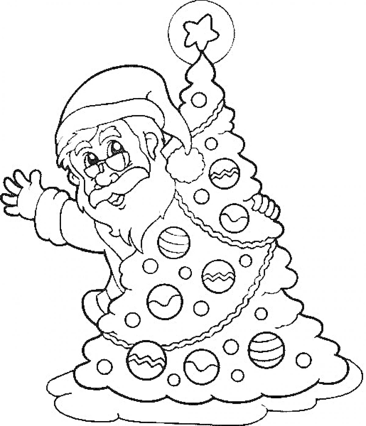 На раскраске изображено: Санта Клаус, Рождественская елка, Новогодние украшения, Зима, Звезды, Праздники