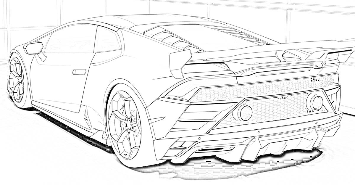 На раскраске изображено: Ламборгини, Спорткар, Авто, Задняя часть, Колёса, Спойлер, Гараж