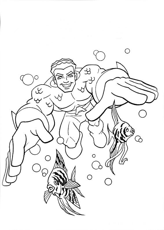 На раскраске изображено: Под водой, Плавание, Подводный мир, Рыба, Комиксы, Пузыри, Супергерои