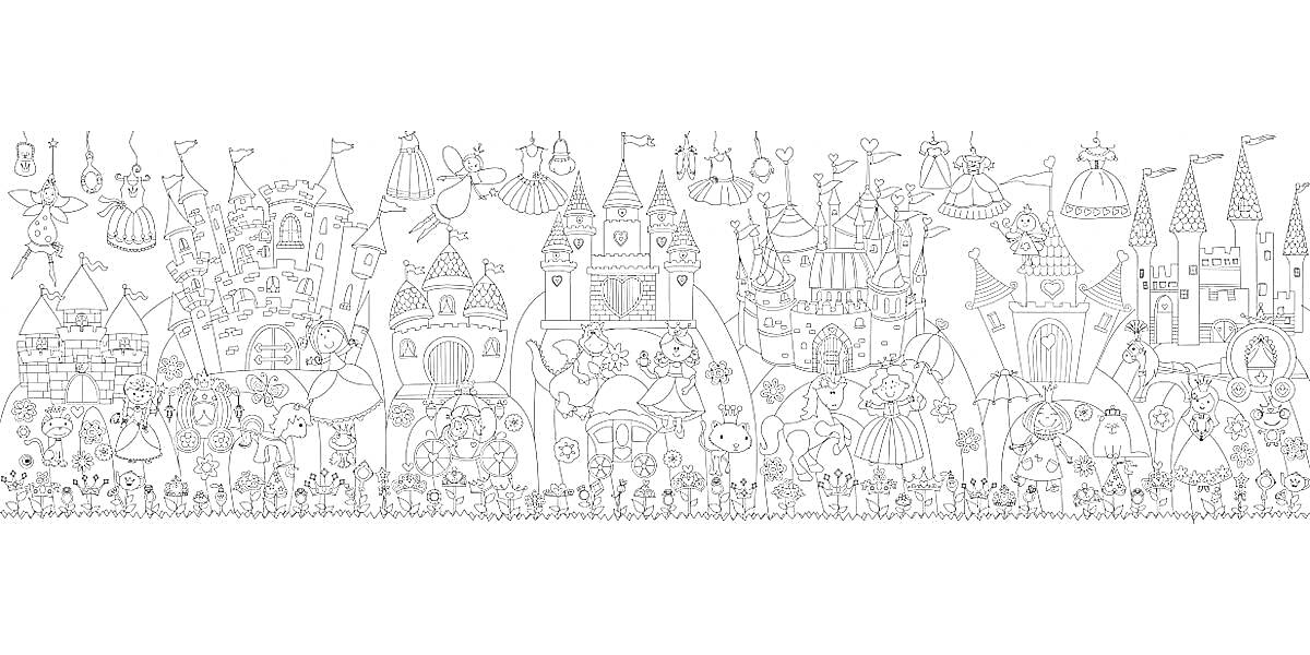 Раскраска Средневековый замковый город с башнями, флагами, рыцарями, драконами и жителями