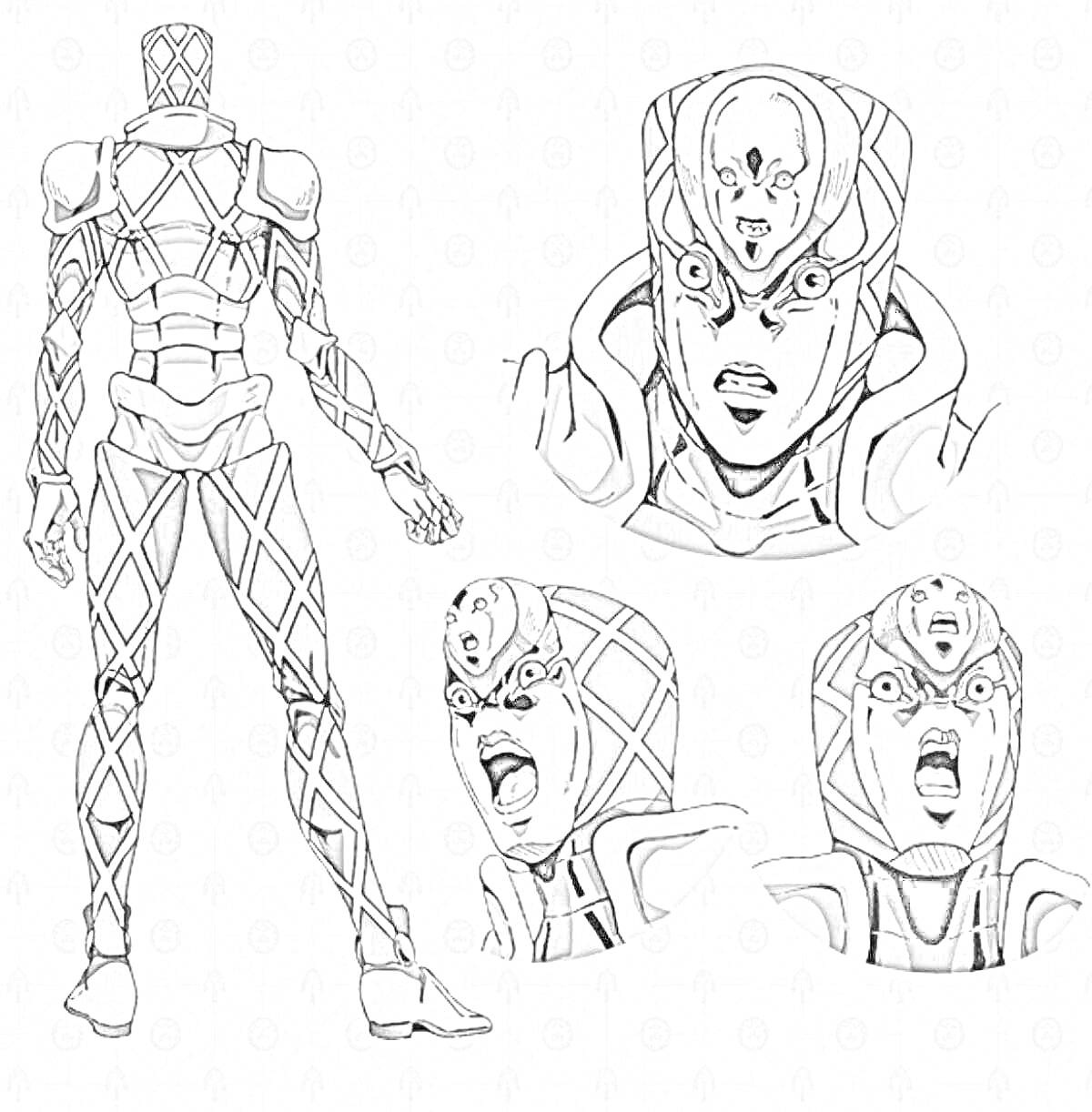 Раскраска Кинг Кримсон - полный вид стоящего персонажа в маске и четыре отдельных изображения лица с разными выражениями