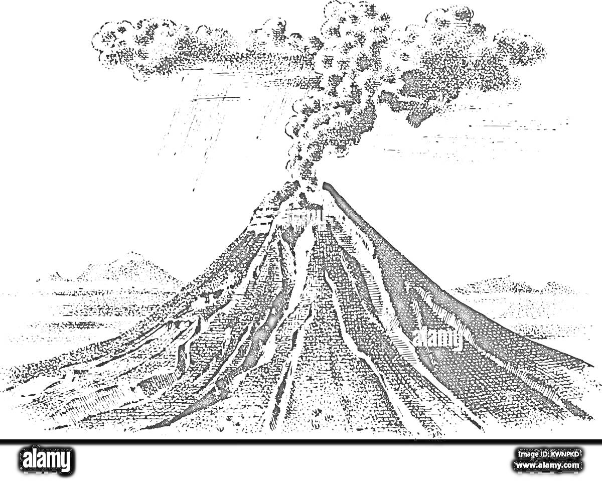 Извержение вулкана с выводом лавы и облаком пепла на фоне гор и полей
