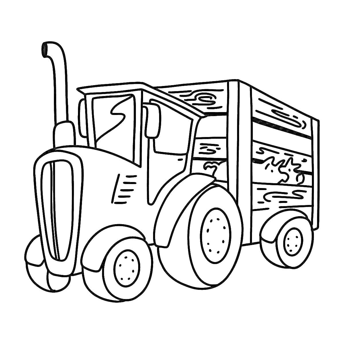 Раскраска Трактор с прицепом, деревянный прицеп, большие колеса