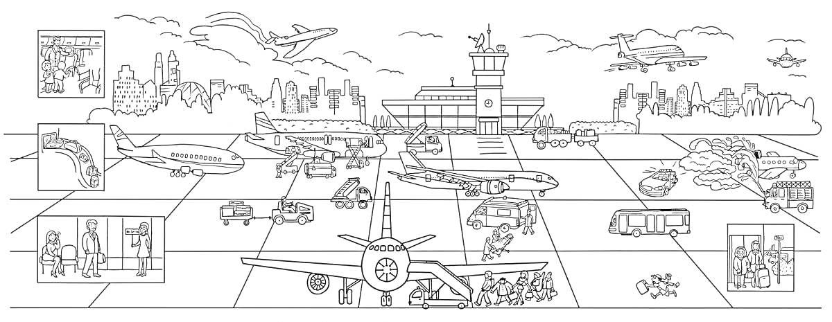 Раскраска Аэропорт с самолетами, башня управления, самолеты на земле и в воздухе, машина заправщика, багаж, нагруженные тележки, пассажиры на лестницах, автобус, такси, вертолет в воздухе, автомобили.