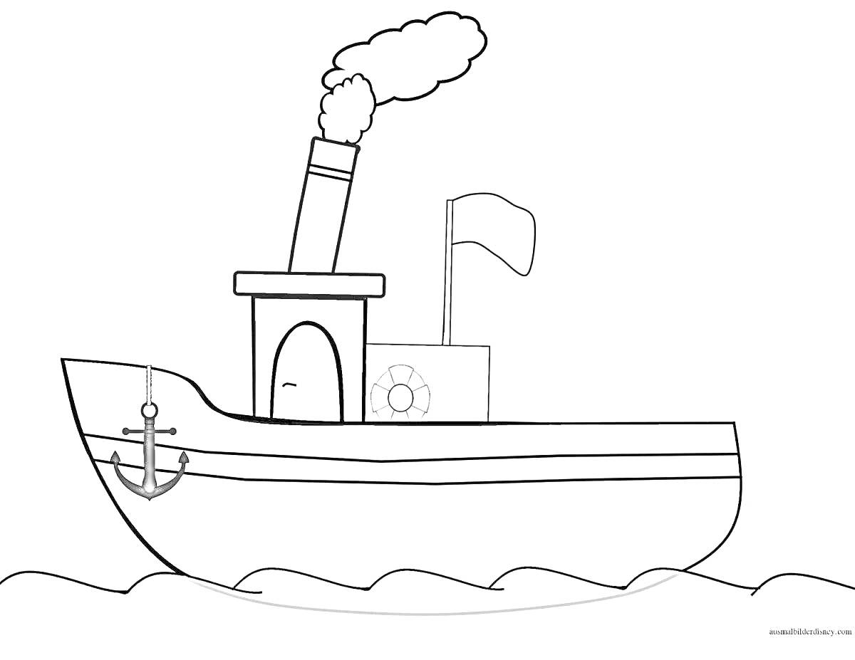 На раскраске изображено: Труба, Флаг, Дверь, Волны, Корабль