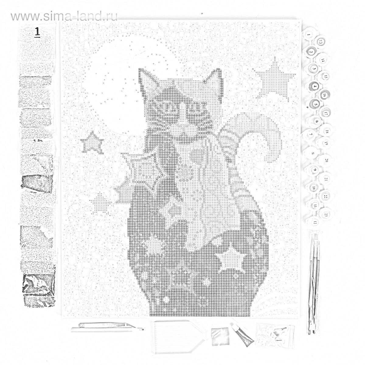 Раскраска картинка с котом, украшенная разноцветными алмазами; на фоне - разноцветные звёзды, рядом комплектующие для раскраски: разноцветные камешки, карандаш для выкладки, лоток, пинцет и клей.