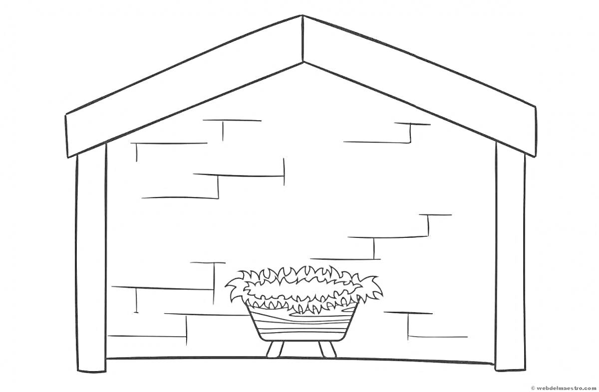 На раскраске изображено: Хлев, Кормушка, Сено, Кирпичная стена, Крыша, Ферма, Сельское хозяйство
