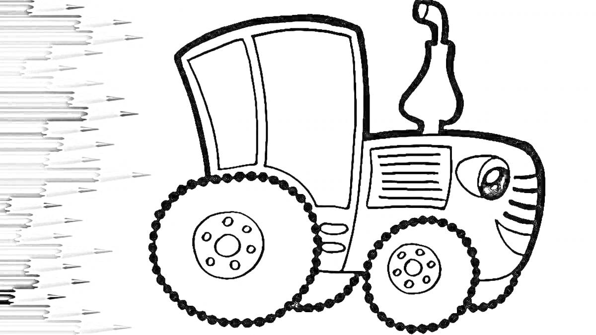 На раскраске изображено: Трактор, Синий, Большие колеса, Труба, Поле, Для детей, Контурные рисунки