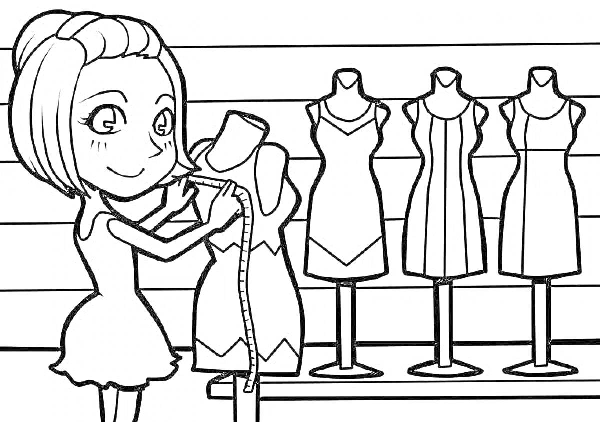 Раскраска Девочка-дизайнер с манекеном и пятью платьями на стойках