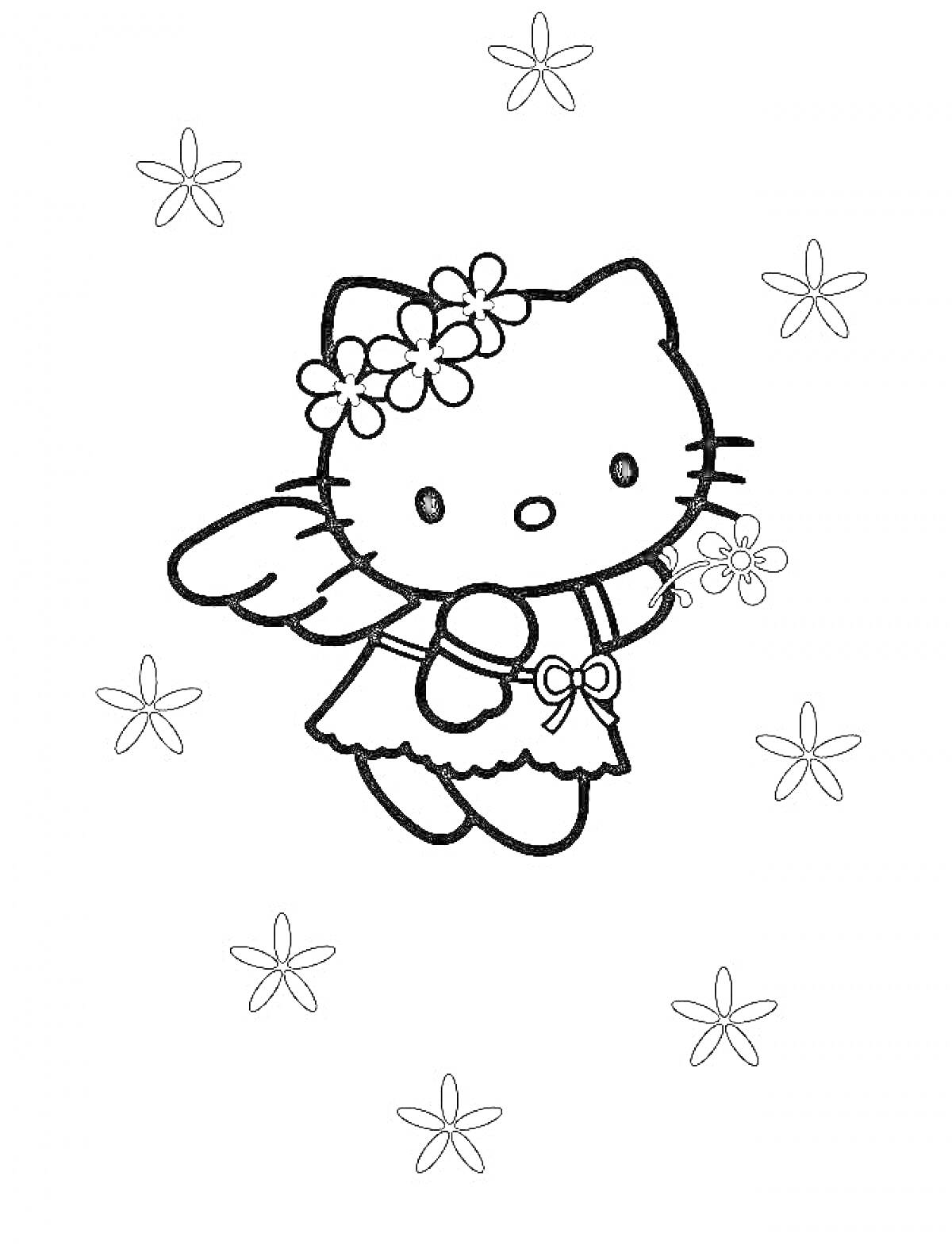 Hello Kitty с цветами в волосах, крыльями и цветочной повязкой окружена цветами.