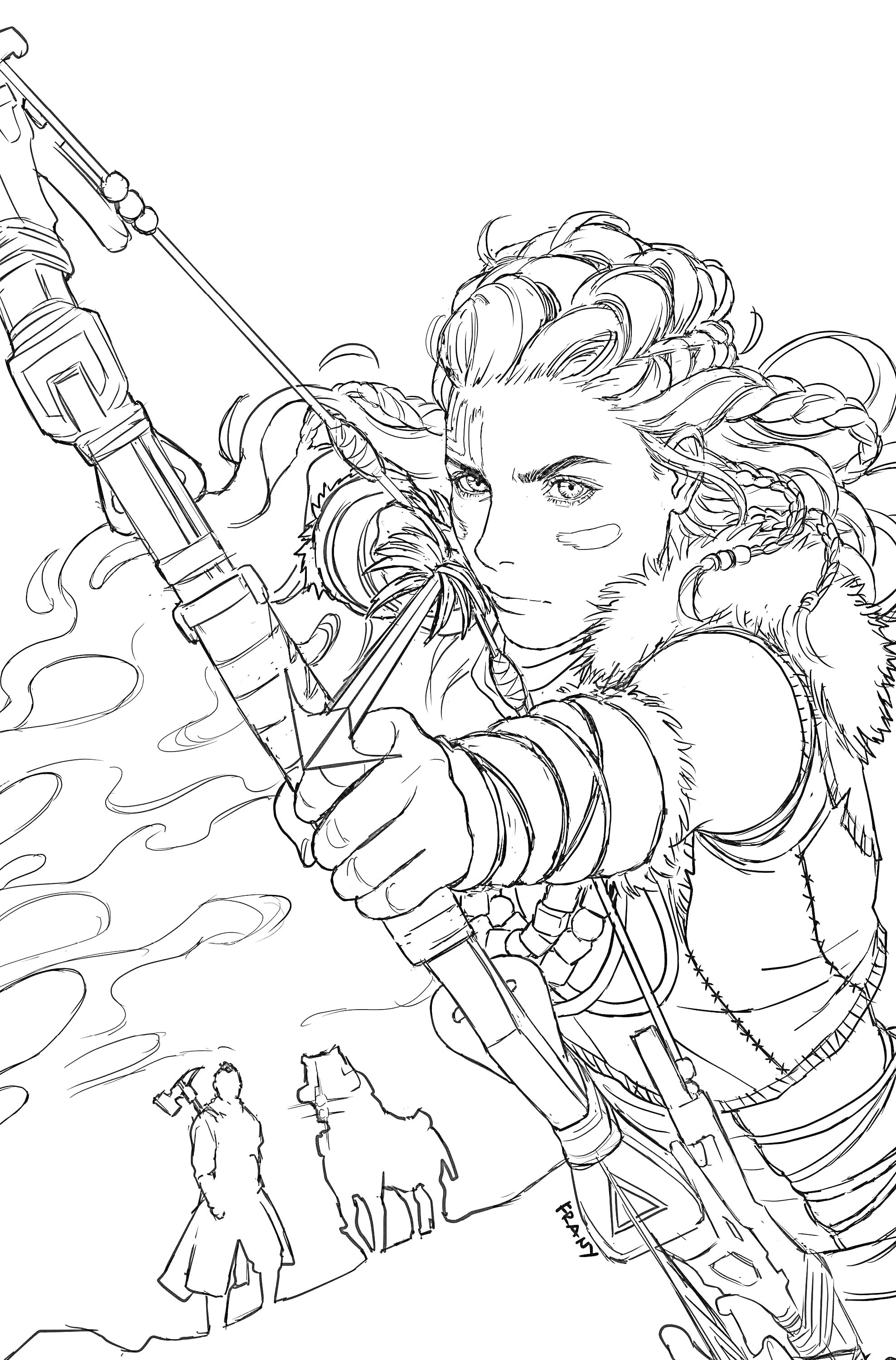 На раскраске изображено: Лук, Стрела, Холмы, Человек, Лошадь, Бой, Охота, Природа, Пейзаж