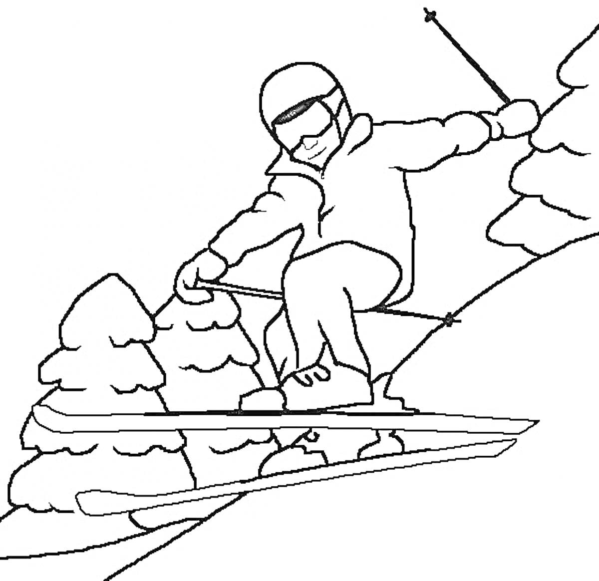 Раскраска Лыжник, спускающийся с горы со снегом и деревьями, в шлеме и очках