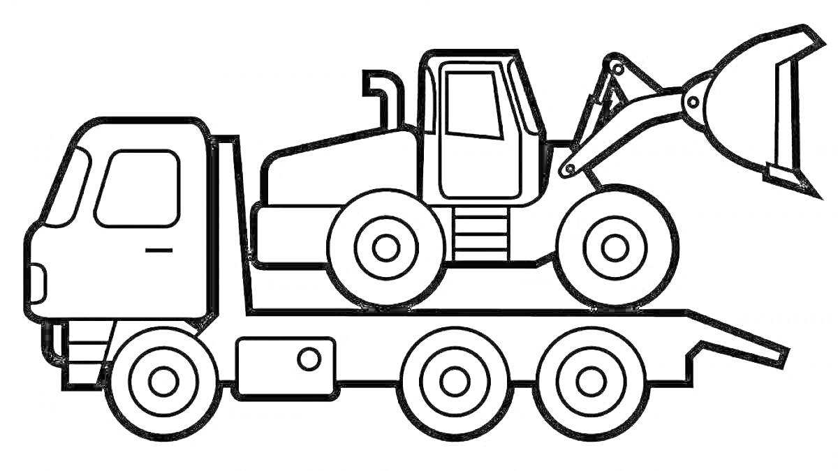 На раскраске изображено: Прицеп, Перевозка, Спецтехника, Фронтальный погрузчик, Колёса, Техника, Транспорт