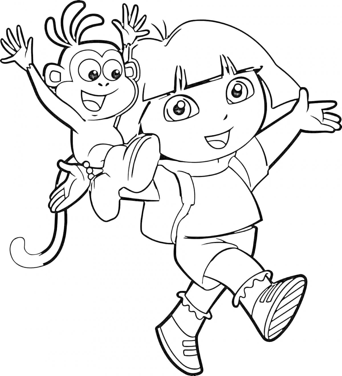 Раскраска Даша, обезьянка, рюкзак, ботинки, короткие волосы, анимационный персонаж