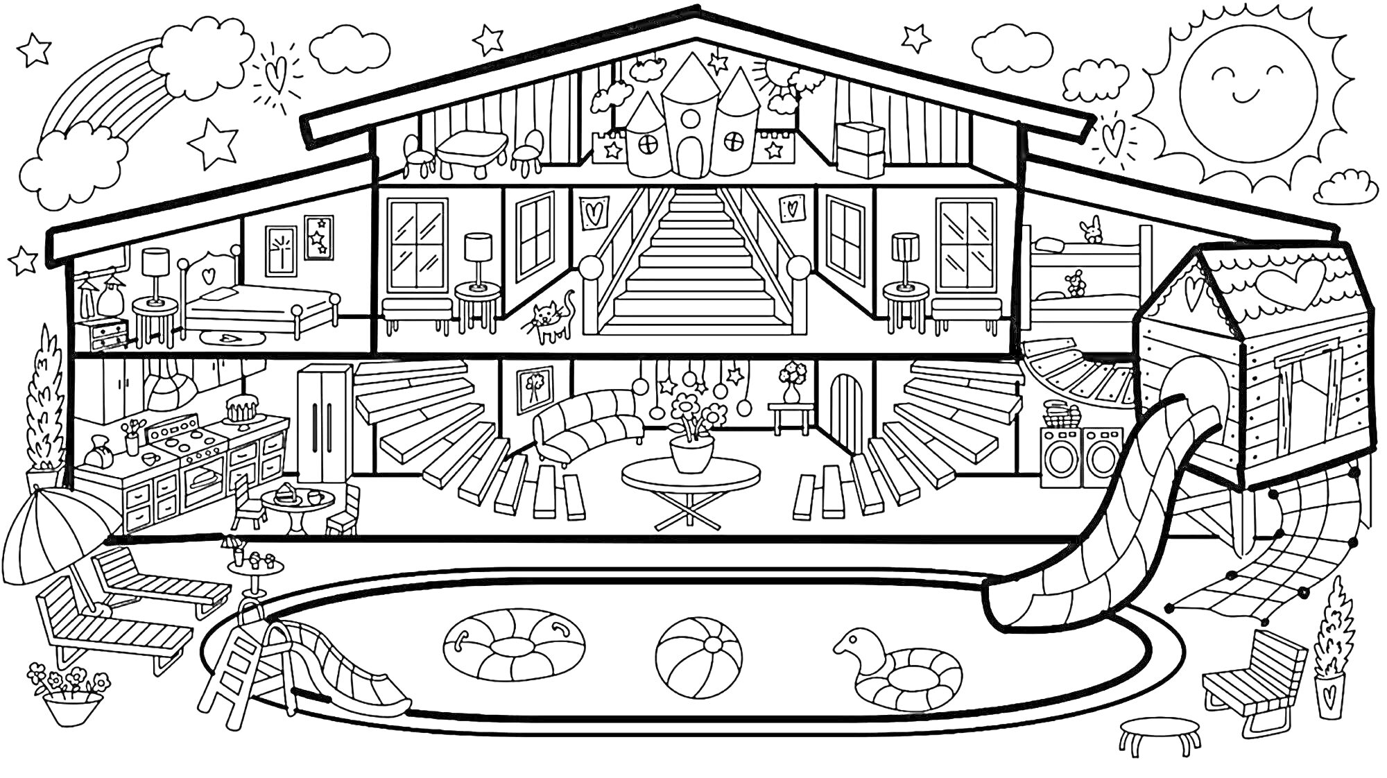 Раскраска Раскраска - богатый дом с бассейном, водной горкой, центральной гостиной, спальнями, кухней, террасой, бассейном, пляжными креслами и внешним декором (солнце, радуга, звезды и облака)