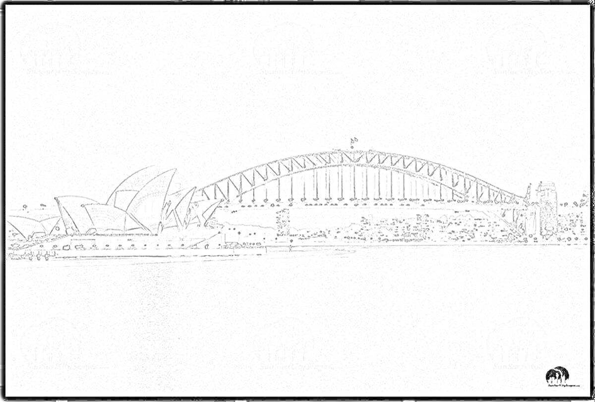 Раскраска Сиднейский оперный театр и Харбор-Бридж на фоне города