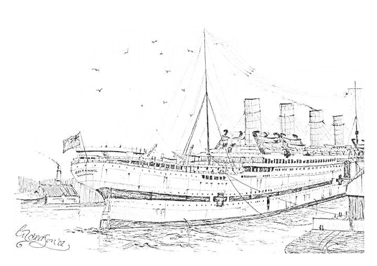 На раскраске изображено: Лайнер, Корабль, Британик, Пароход, Вода, Флаг, Палуба