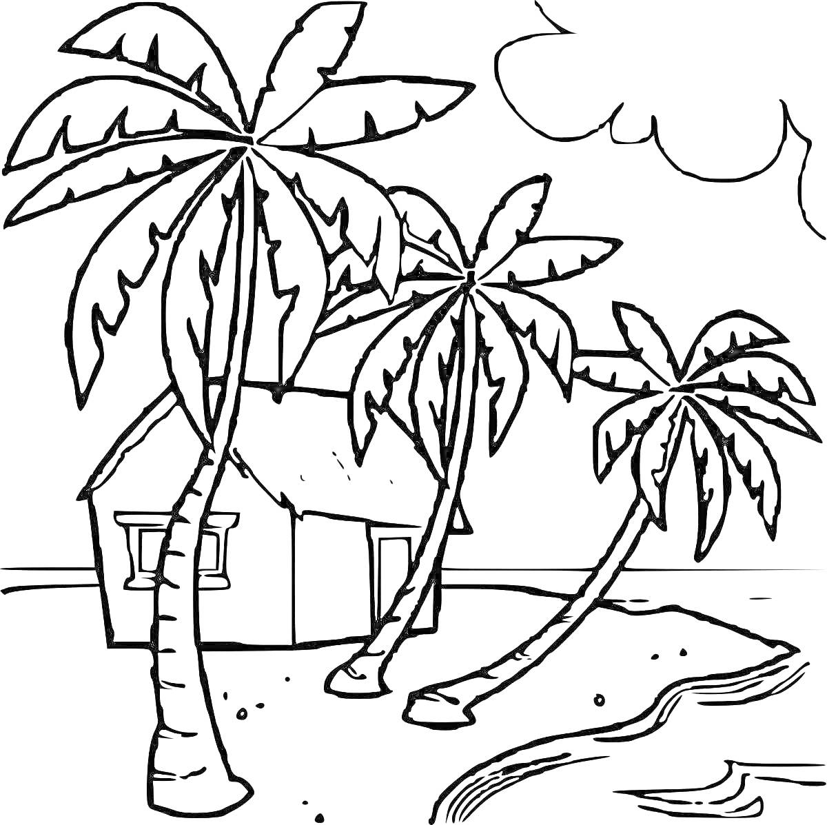 Раскраска Хижина на пляже с пальмами