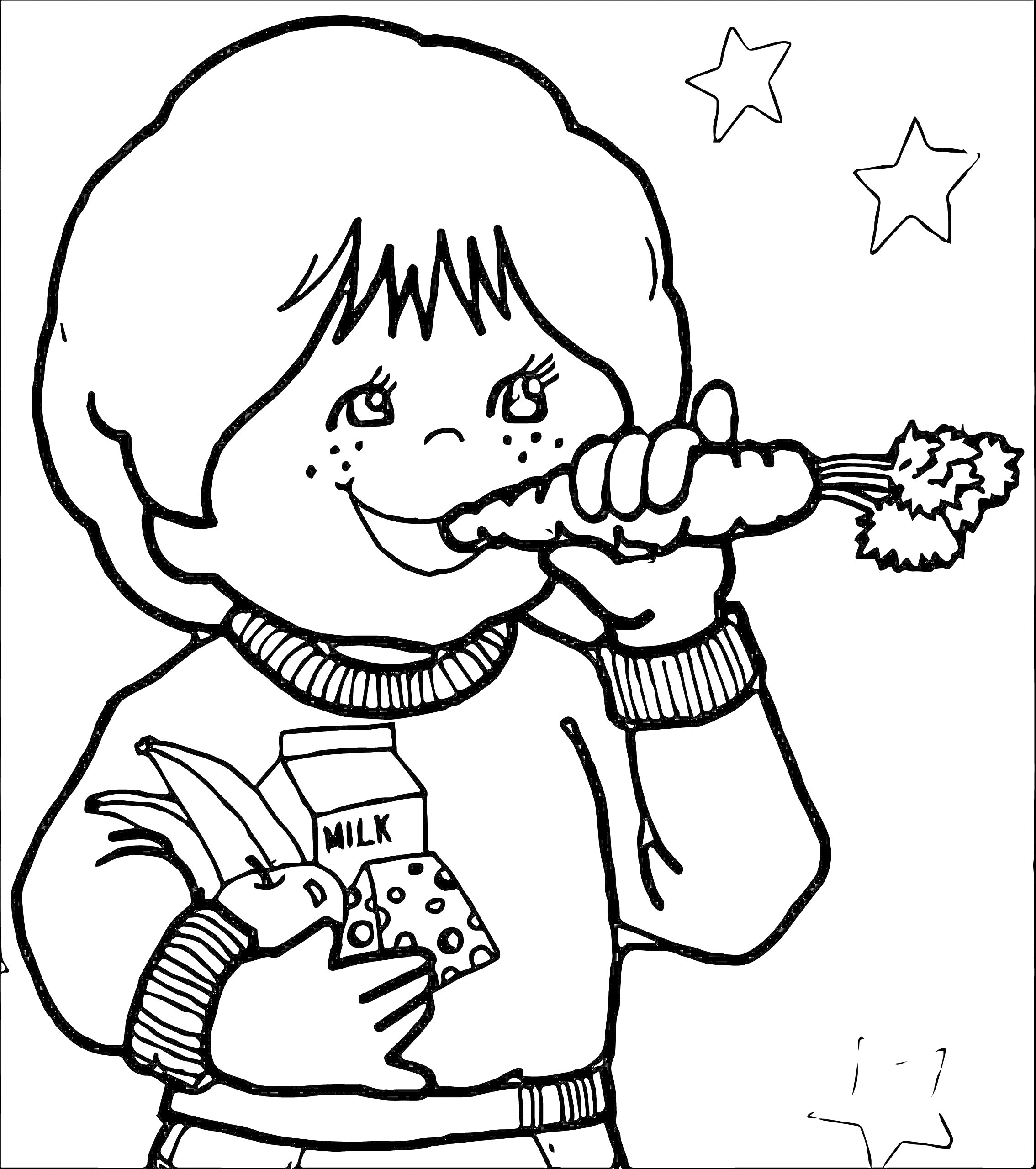 Ребенок ест морковь и держит коробку молока