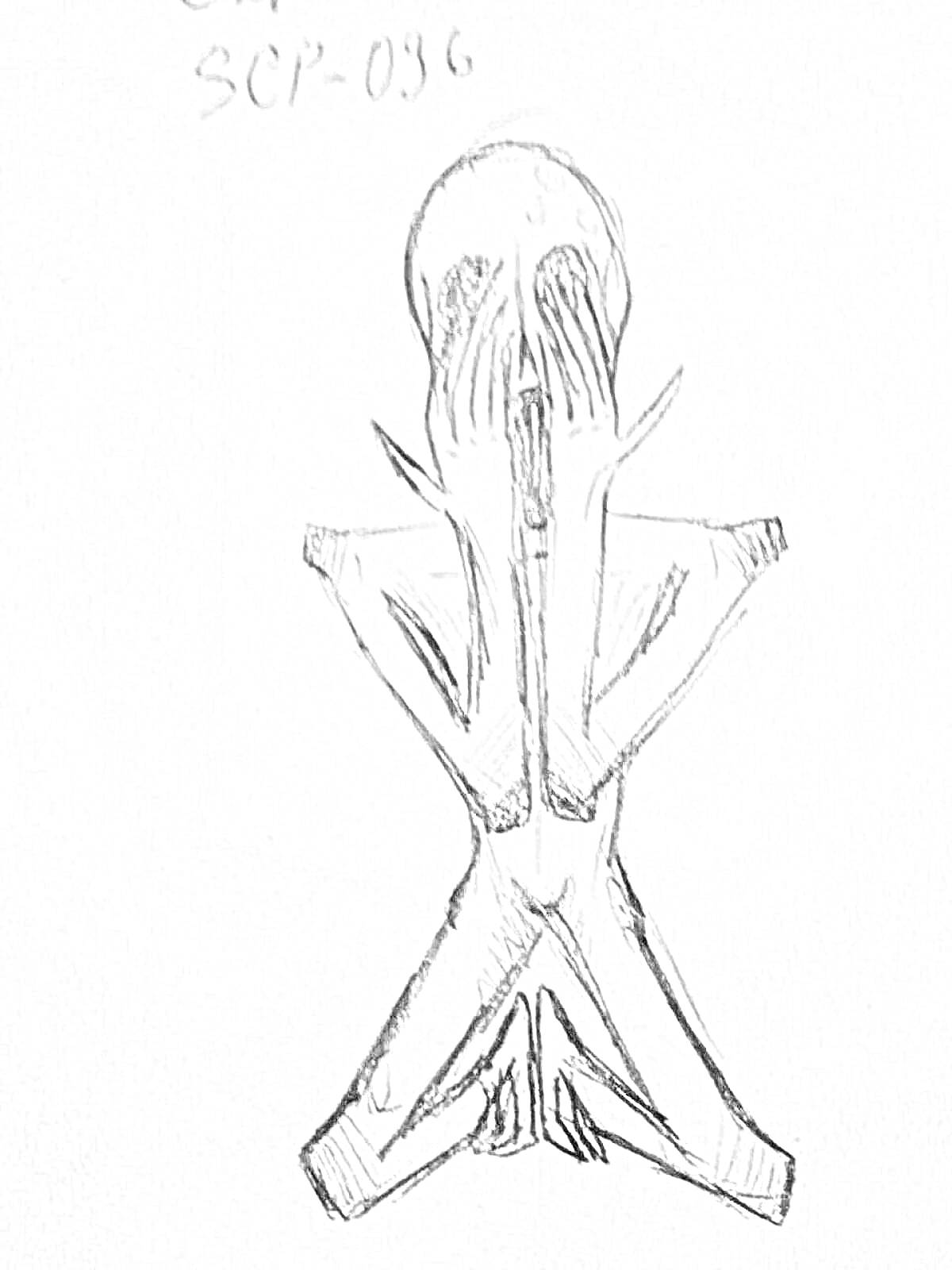 Раскраска Скульптура SCP-036, сидящий на коленях гуманоид с вытянутыми руками и закрывающий лицо