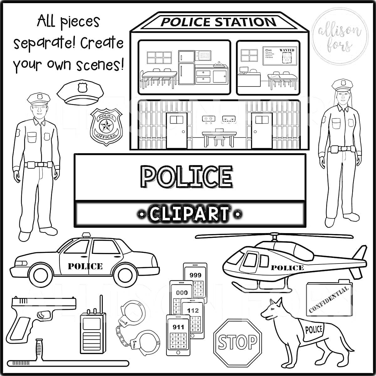 Раскраска Полицейский участок (в здании два этажа, указаны окна, двери и мебель), полицейские (два человека в форме), полицейская машина, полицейский вертолет, значок, фуражка, пистолет, наручники, рация, дубинка, жетон, знаки 